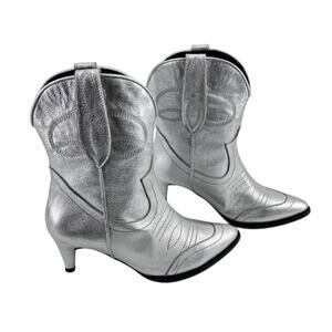 SETA Metallic Silver Leather Western Cowgirl Ankle Boots Heeled EU 37 US 6.5